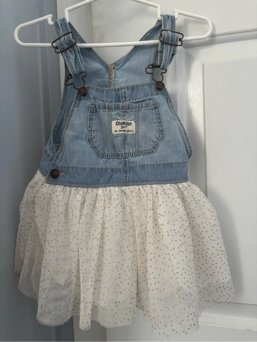OshKosh B'gosh Light Blue Denim Overall Dress with Cream Tulle Skirt gold accent